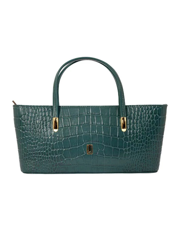 Camellia Handbag – Crocodile-Embossed Leather Tote with Gold-Tone Accents