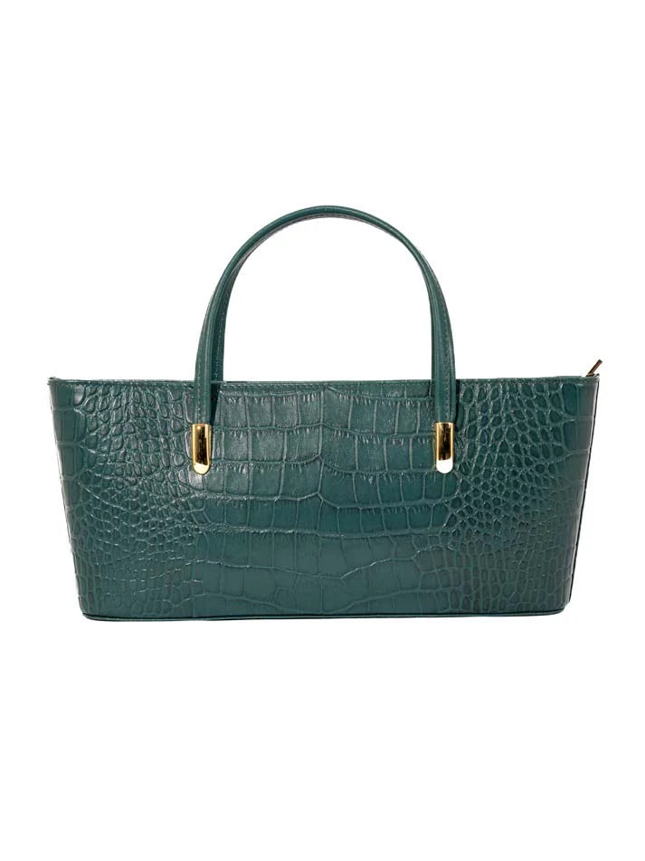 Camellia Handbag – Crocodile-Embossed Leather Tote with Gold-Tone Accents