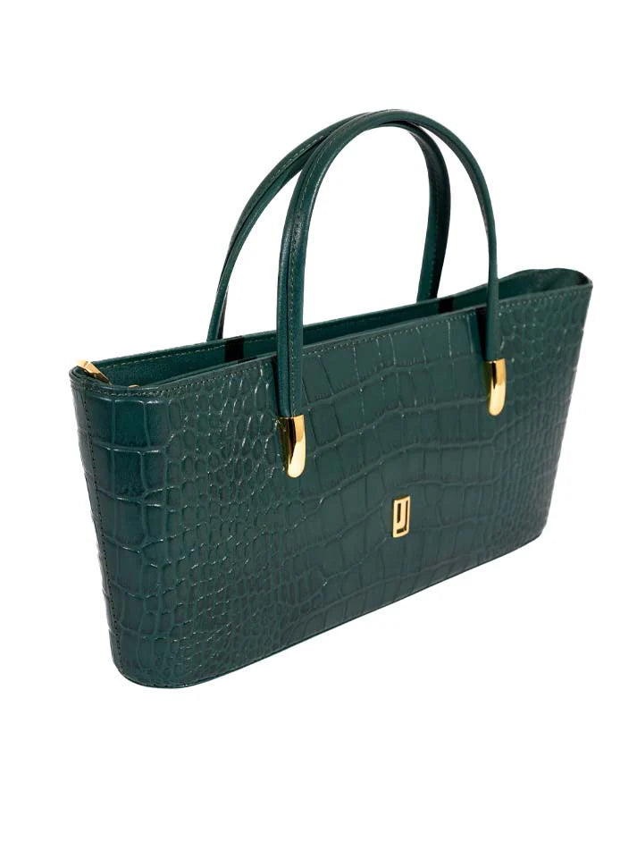 Camellia Handbag – Crocodile-Embossed Leather Tote with Gold-Tone Accents